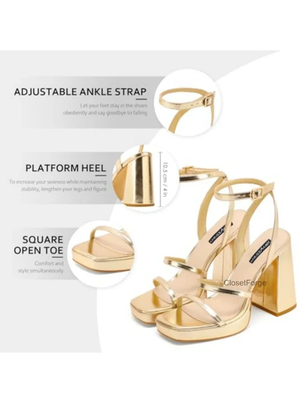 Platform Heels for Women Square Toe Chunky Heel Sandals Adjustable Ankle Strap